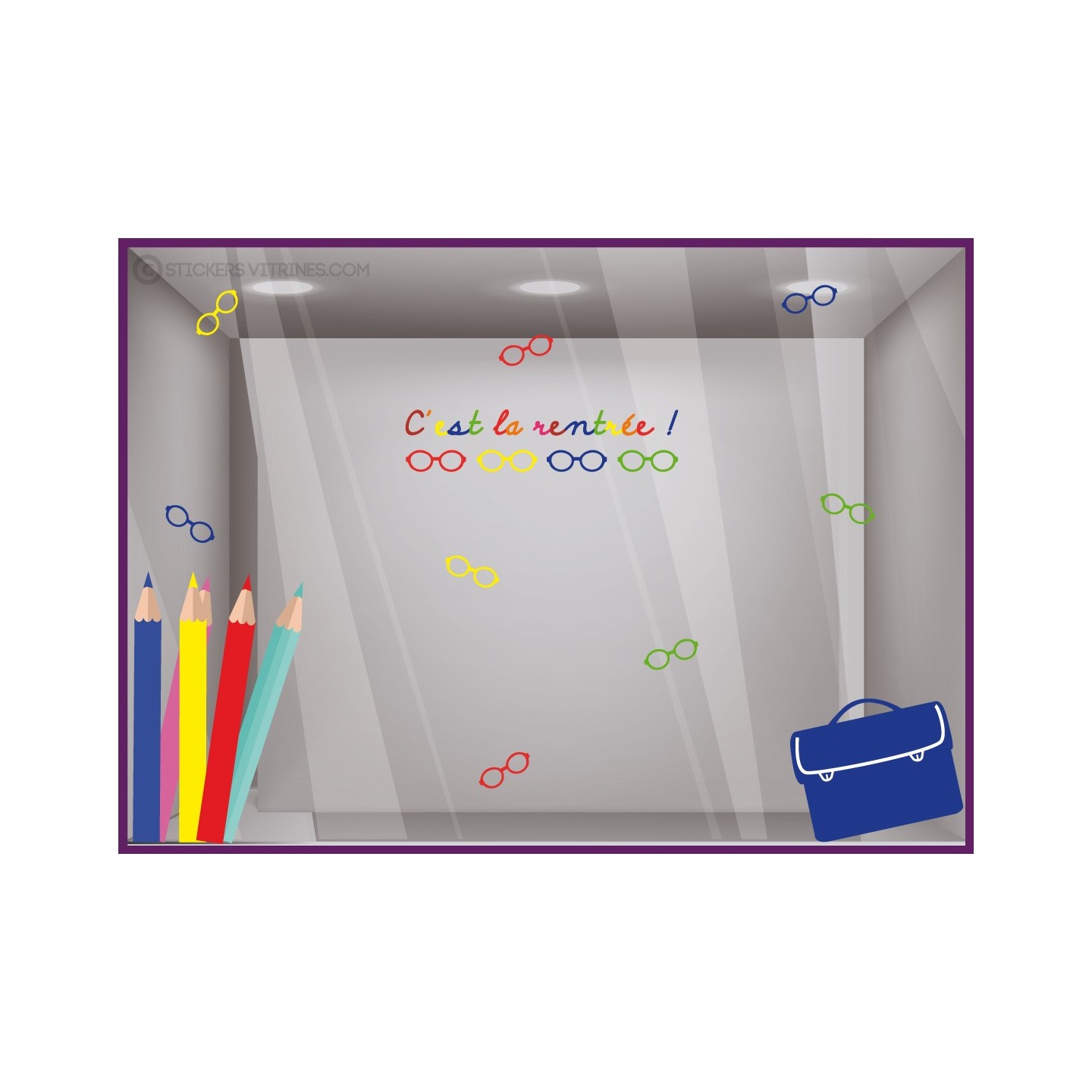 KIT DE STICKERS C’EST LA RENTREE CRAYONS LUNETTES DECORATION VITRINE COMMERCE CALICOT  VITROPHANIE