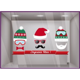 Sticker 3 Bonnets De Noël autocollant pour devanture magasin idée déco