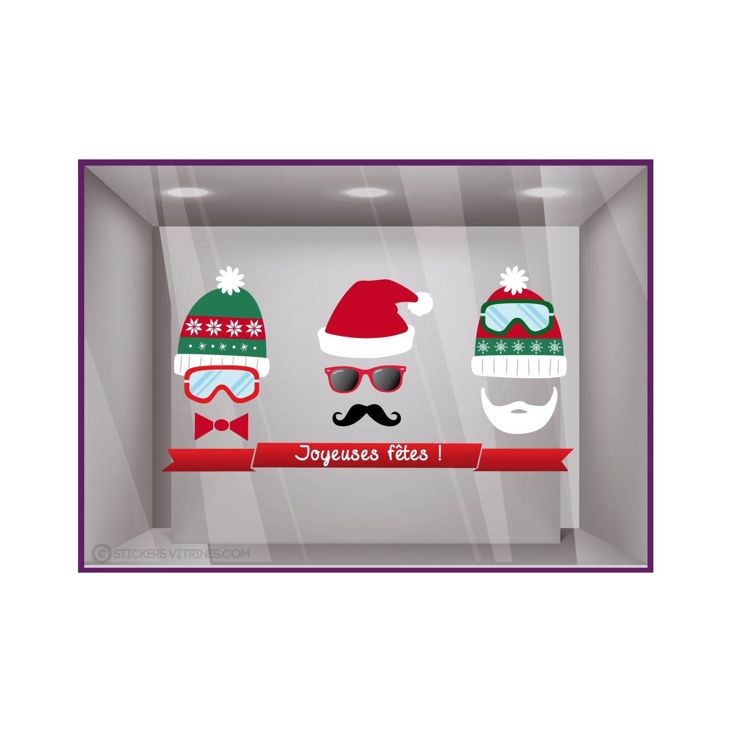 Sticker 3 Bonnets De Noël autocollant pour devanture magasin idée déco
