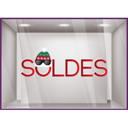 STICKER SOLDES BONNET vitrophanie hiver calicot boutique magasin vitrine sport devanture lettrage adhesif mode vitre 