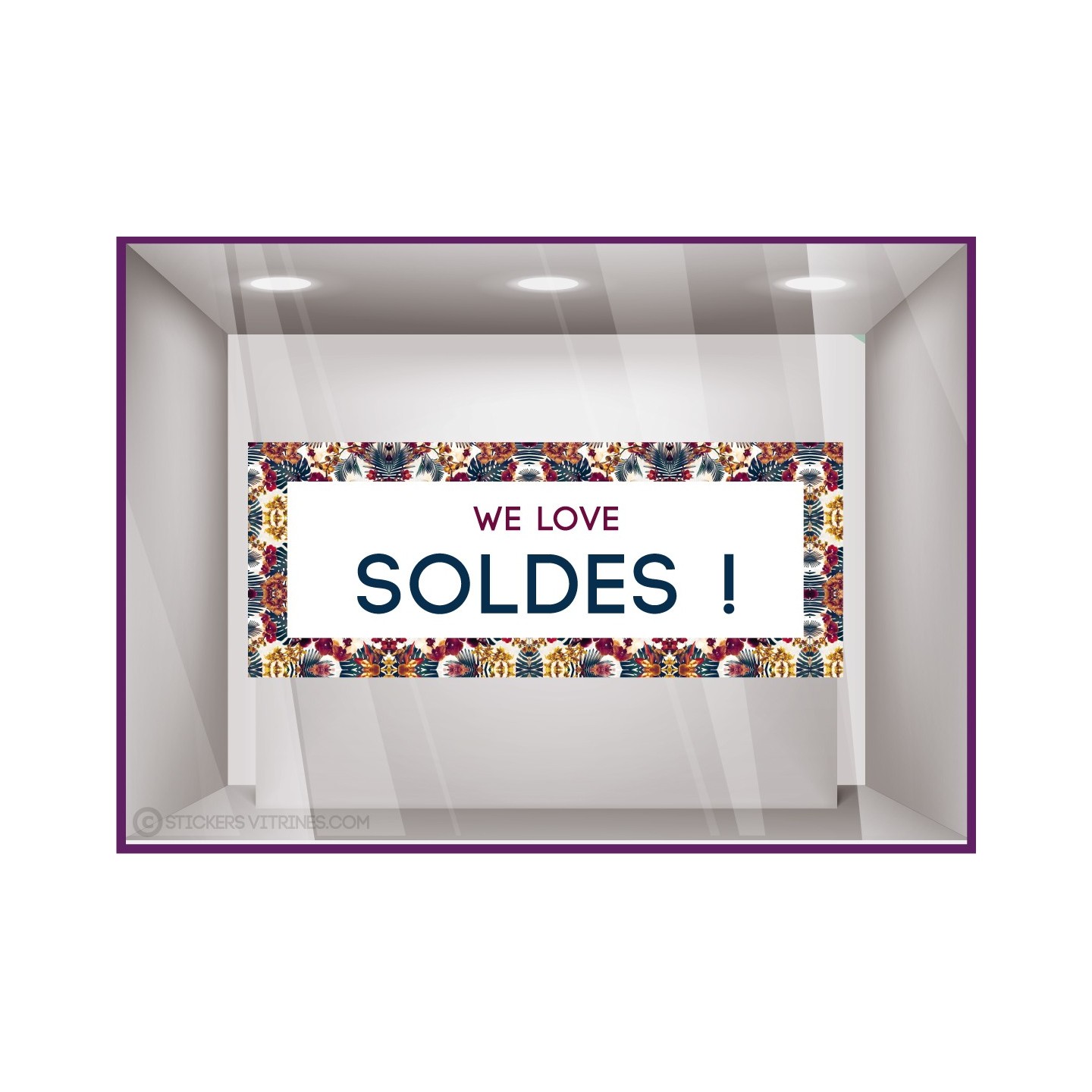 Sticker Soldes Bandeau Motif Floral Vitrophanie Magasin devanture fleuriste mode bijouterie commerce vitrine calicot idee