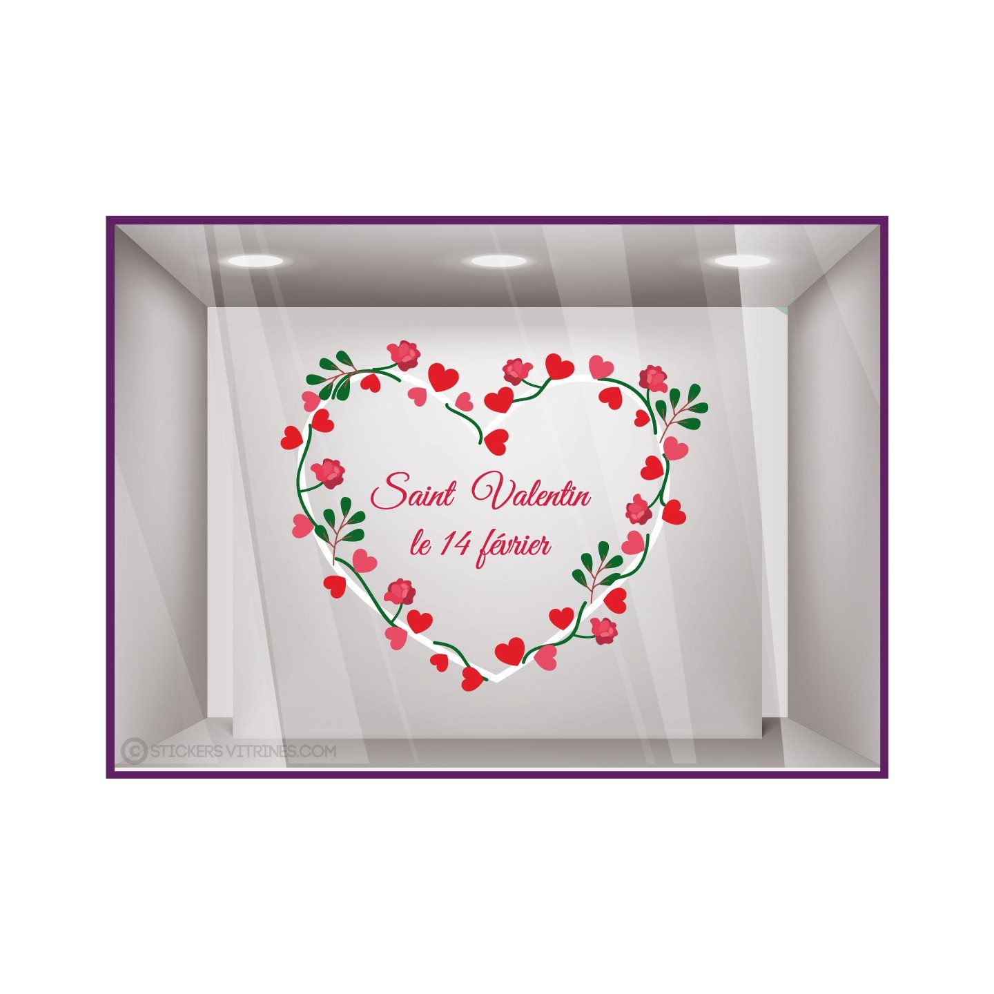 Sticker Couronne Coeur et Fleurs SAINT VALENTIN vitre devanture vitrine fleuriste bijouterie boutique commerce magasin calicot 