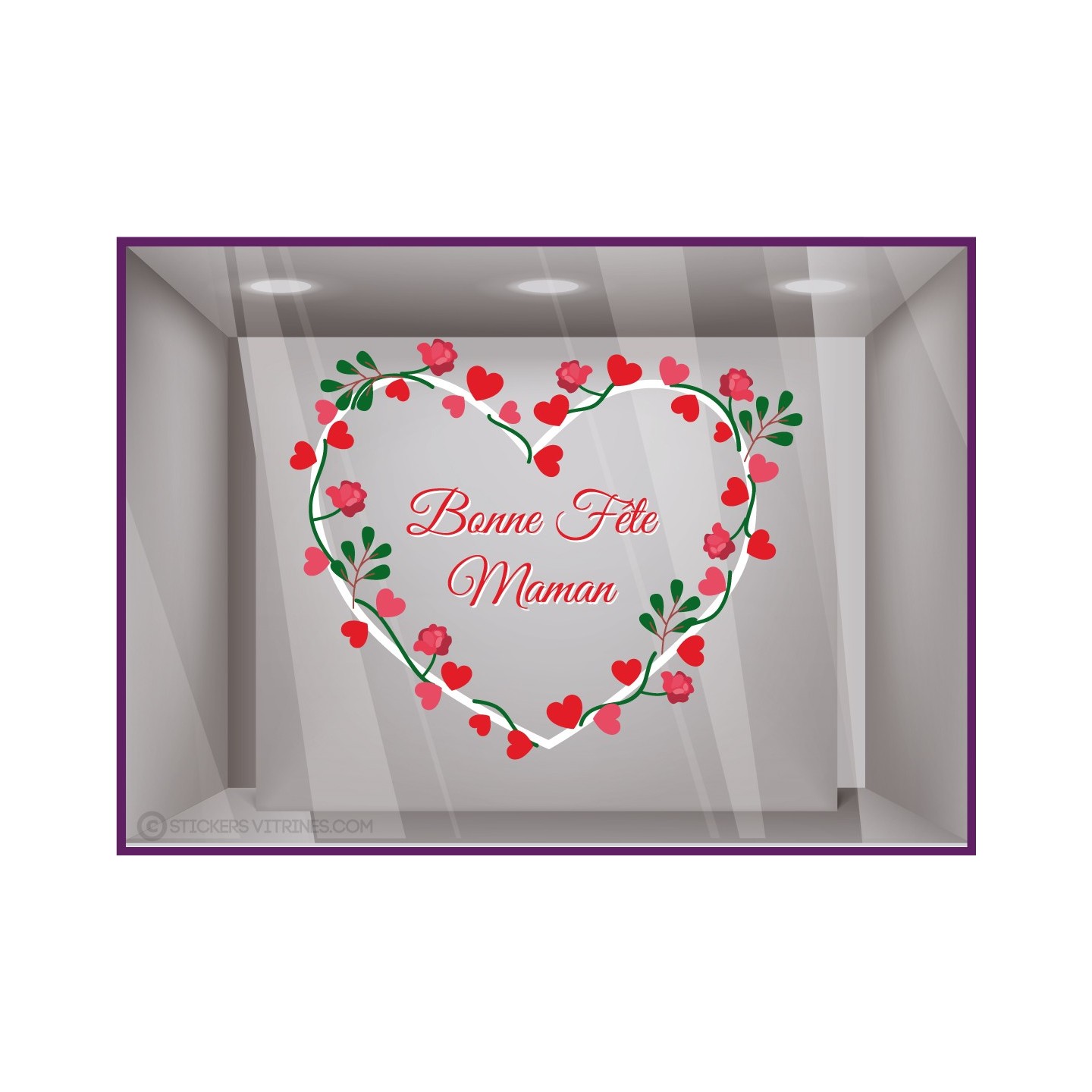 Vitrophanie pour devanture Sticker Couronne Coeur et Fleurs Bonne fête Maman
