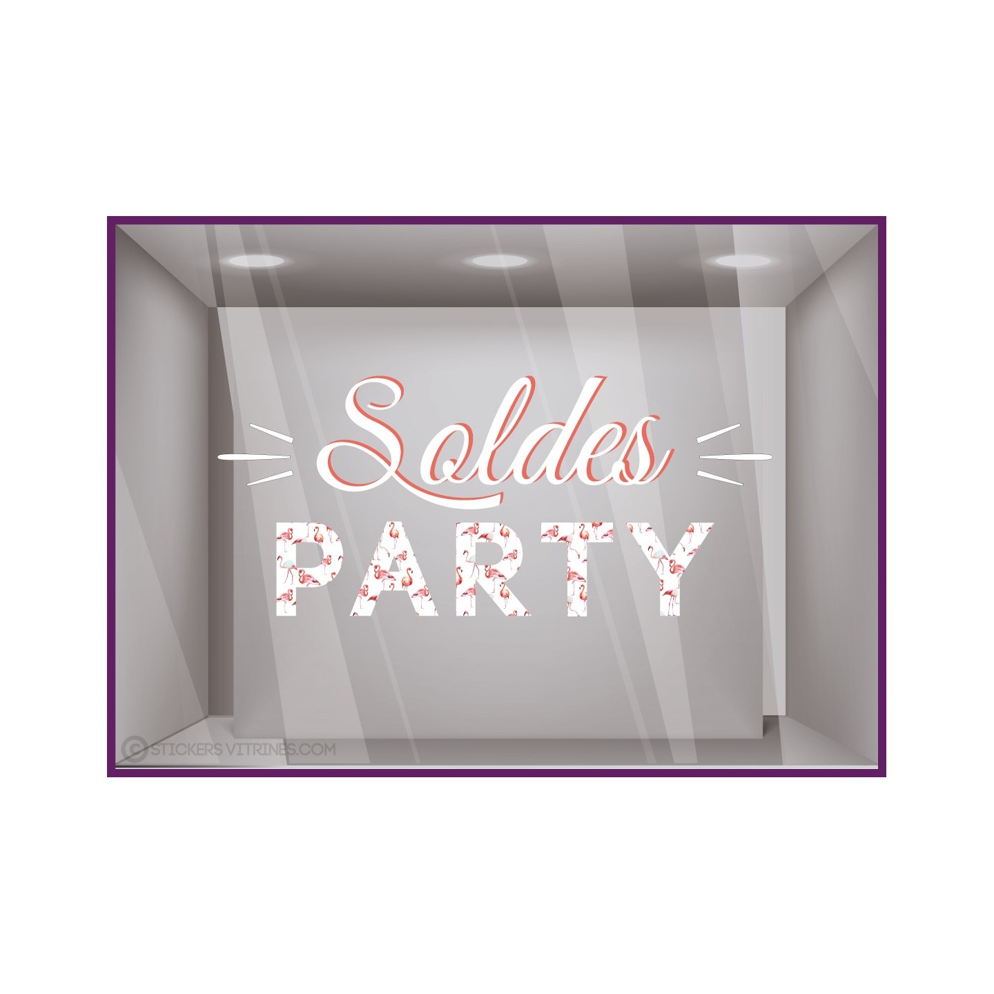 Vitrophanie Sticker Soldes Party Flamants Rose pour devantures de boutiques 