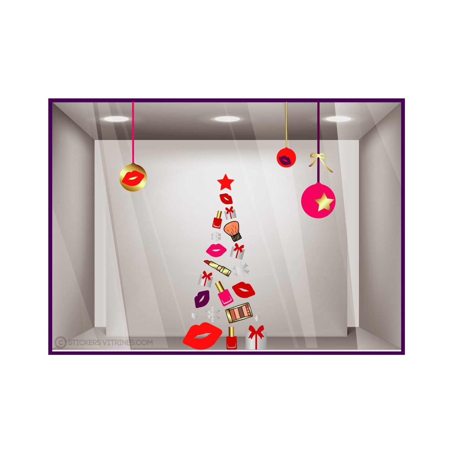 Kit de Stickers Noël Beauté pour vitrines de coiffeur, institut, manucures et ongleries.