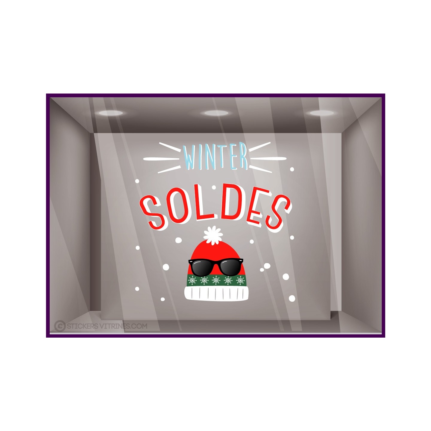 Sticker Winter Soldes Bonnets hivers promotion magasin boutique vitrophanies autocollants vitrine mode maroquinerie deco neige