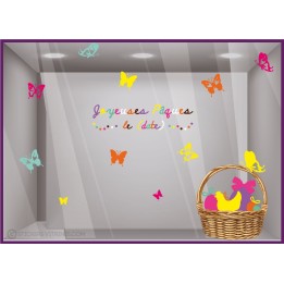 Sticker déco vitrine adhésif vitrophanie autocollant Pâques  panier chocolats commerce boulangerie papillons calicot poule  