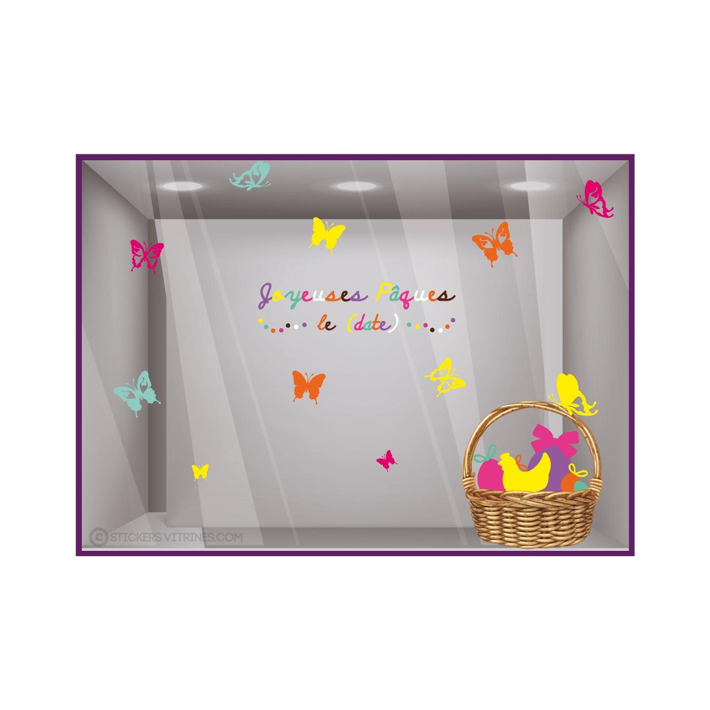 Sticker déco vitrine adhésif vitrophanie autocollant Pâques  panier chocolats commerce boulangerie papillons calicot poule  
