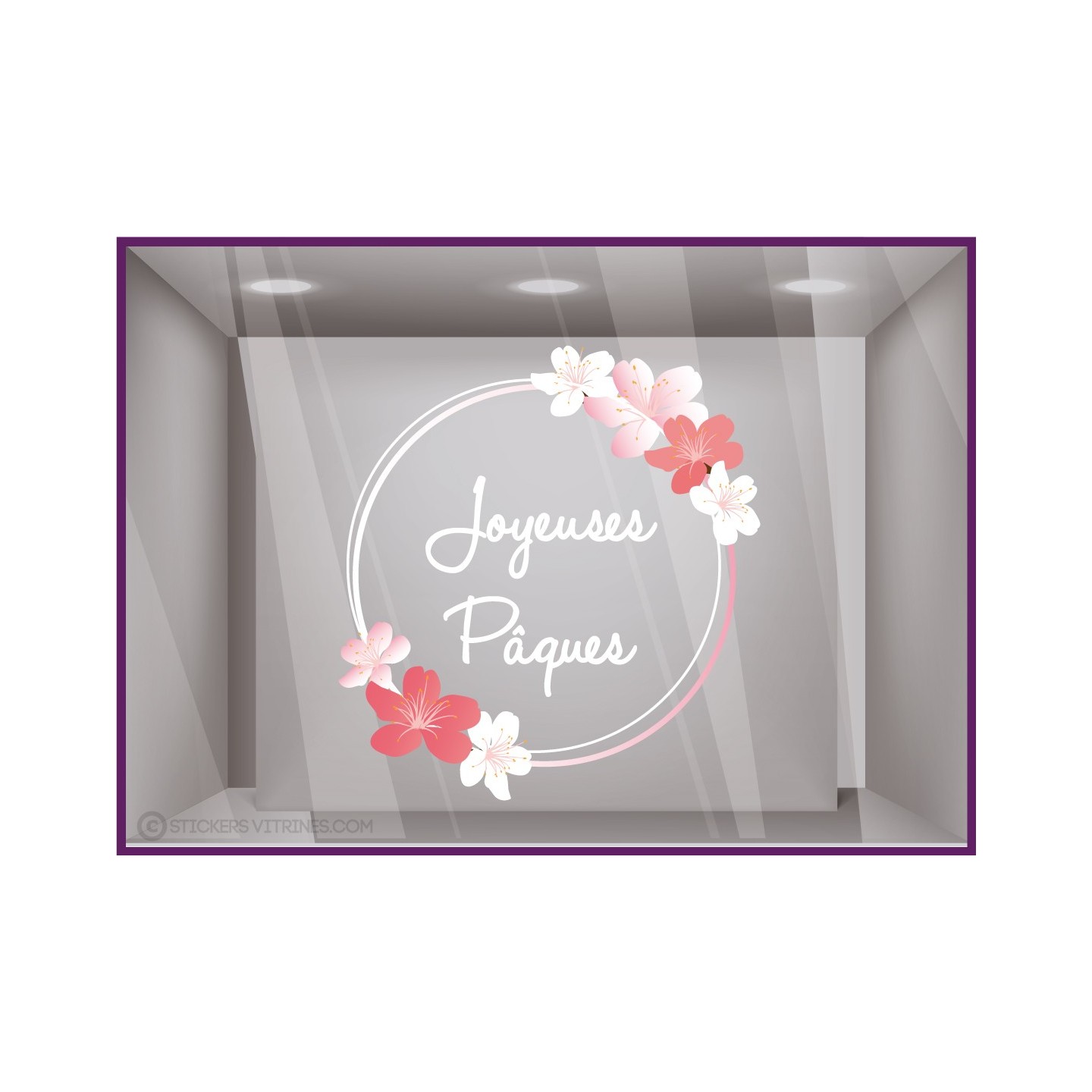 Sticker déco vitrine adhésif vitrophanie autocollant pâques printemps couronne fleurs commerce
