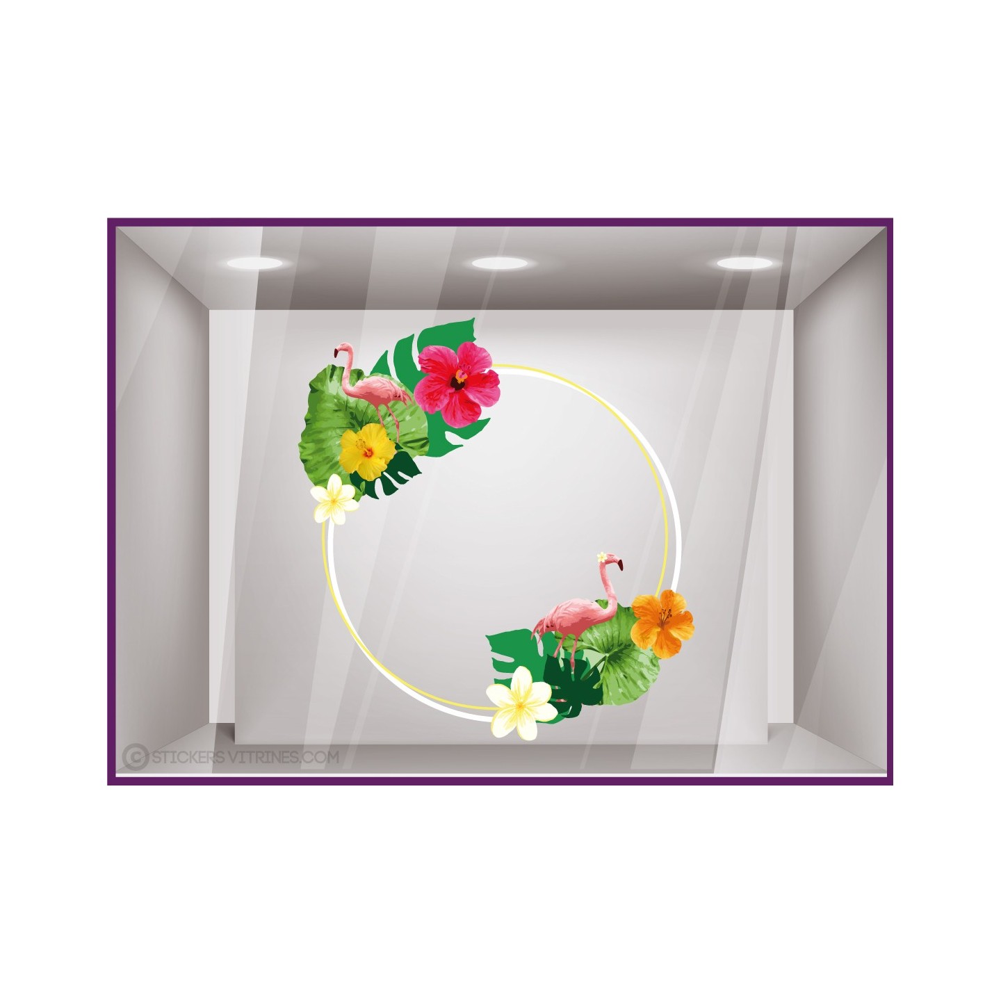 Couronne flamants rose été palmier boutique vitrine adhésif sticker déco fleur mode fleuriste 