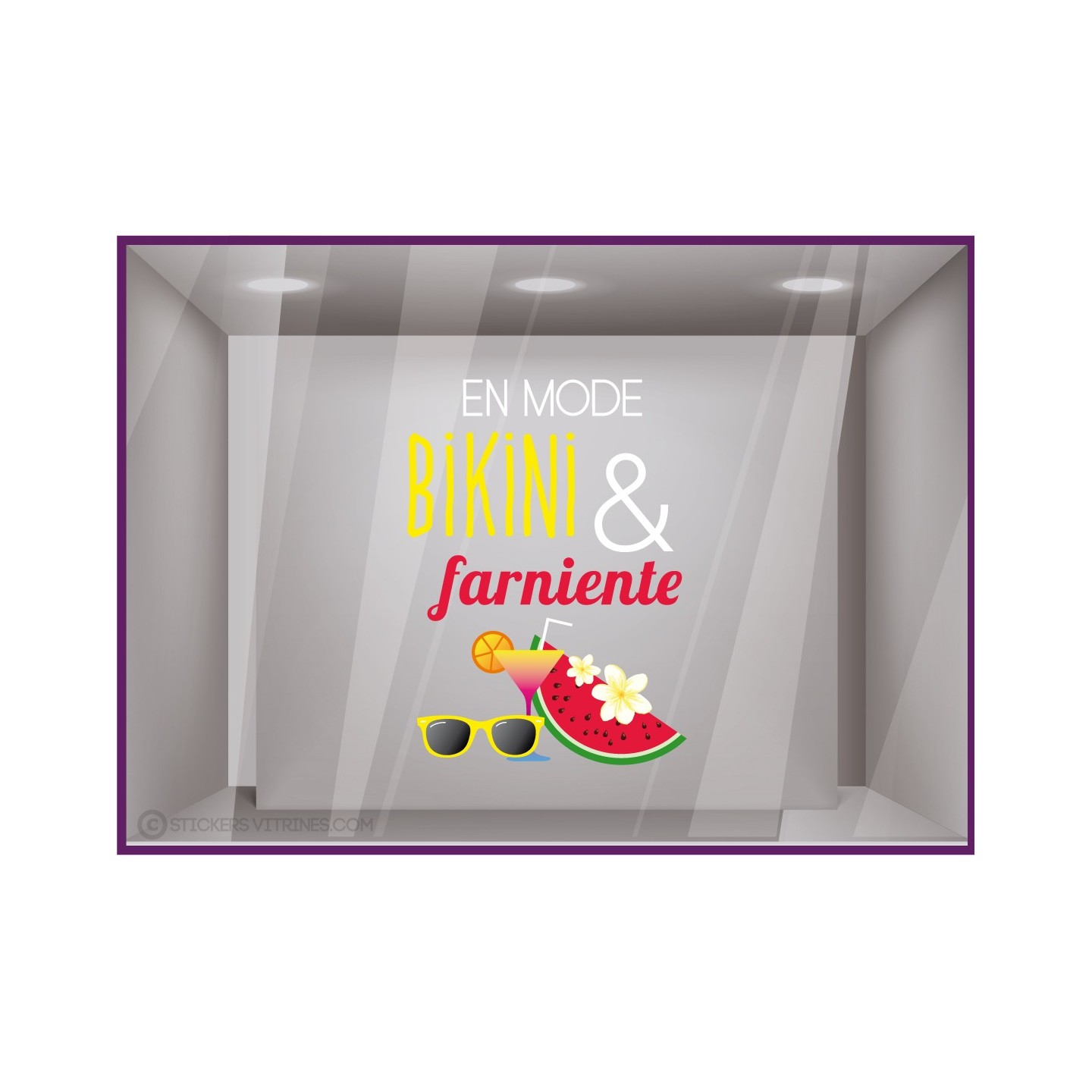 Sticker en mode Bikini et farniente vitres magasin été pastèque cocktail maillot de bain piscine mer mode lunettes de soleil