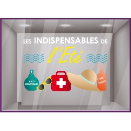 Sticker Les indispensables de l'été Pharmacie devanture magasin enseigne vitrophanie calicot lettrage adhésif vitrine vitre 