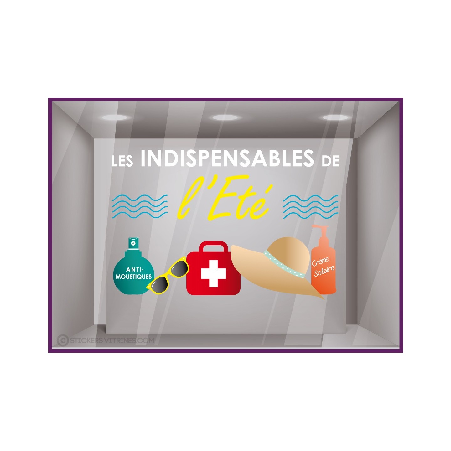 Sticker Les indispensables de l'été Pharmacie devanture magasin enseigne vitrophanie calicot lettrage adhésif vitrine vitre 