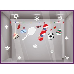 Sticker Guirlande Sports d'Hiver Noël magasins enseignes vitrophanie patins frise snowboard flocons magie