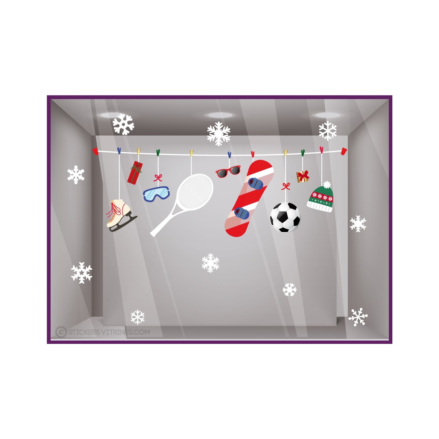 Sticker Guirlande Sports d'Hiver Noël magasins enseignes vitrophanie patins frise snowboard flocons magie