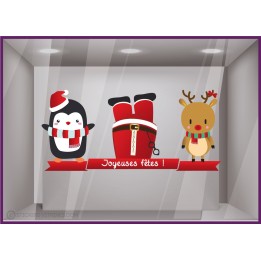 Vitrophanie Sticker personnages de Noël décoration magasin cerf pingouin père noel bandeau guirlande enfant joyeuses fetes vitre