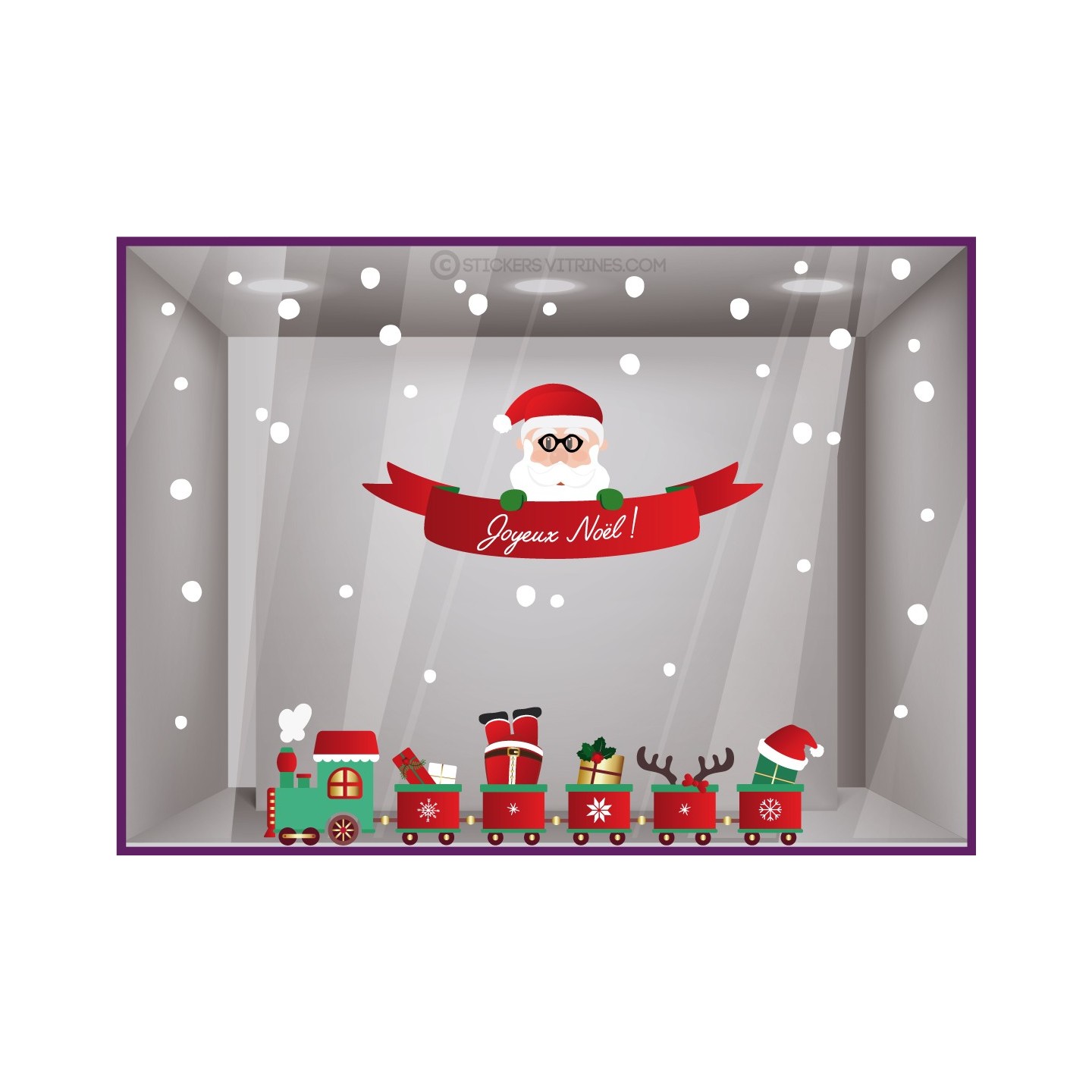 Kit de Stickers Petit Train de Noël hiver neige flocons jouets devanture magasin fetes vitrophanie 