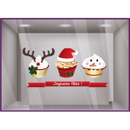 Sticker Cupcake Joyeuses Fêtes enseigne delicieux noel dessert decoration devanture cerf bonhome de neige