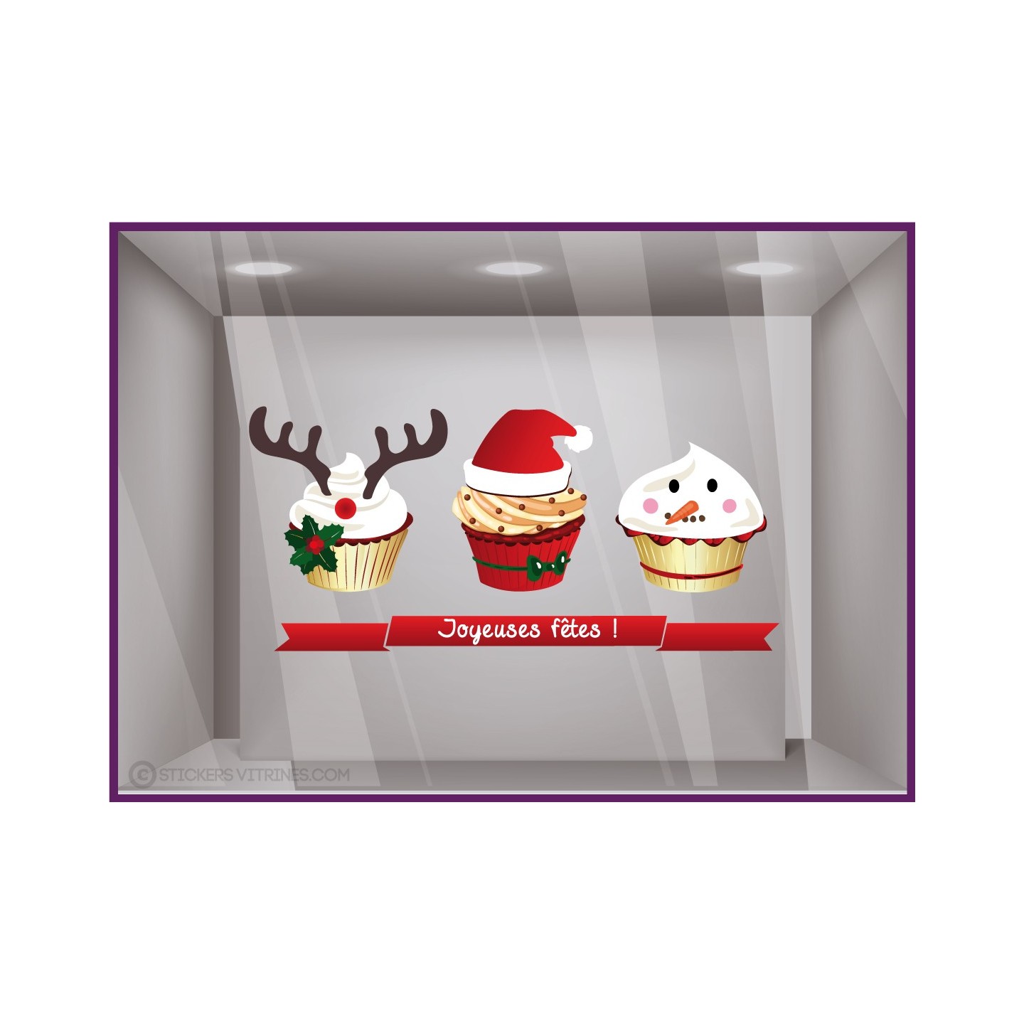 Sticker Cupcake Joyeuses Fêtes enseigne delicieux noel dessert decoration devanture cerf bonhome de neige