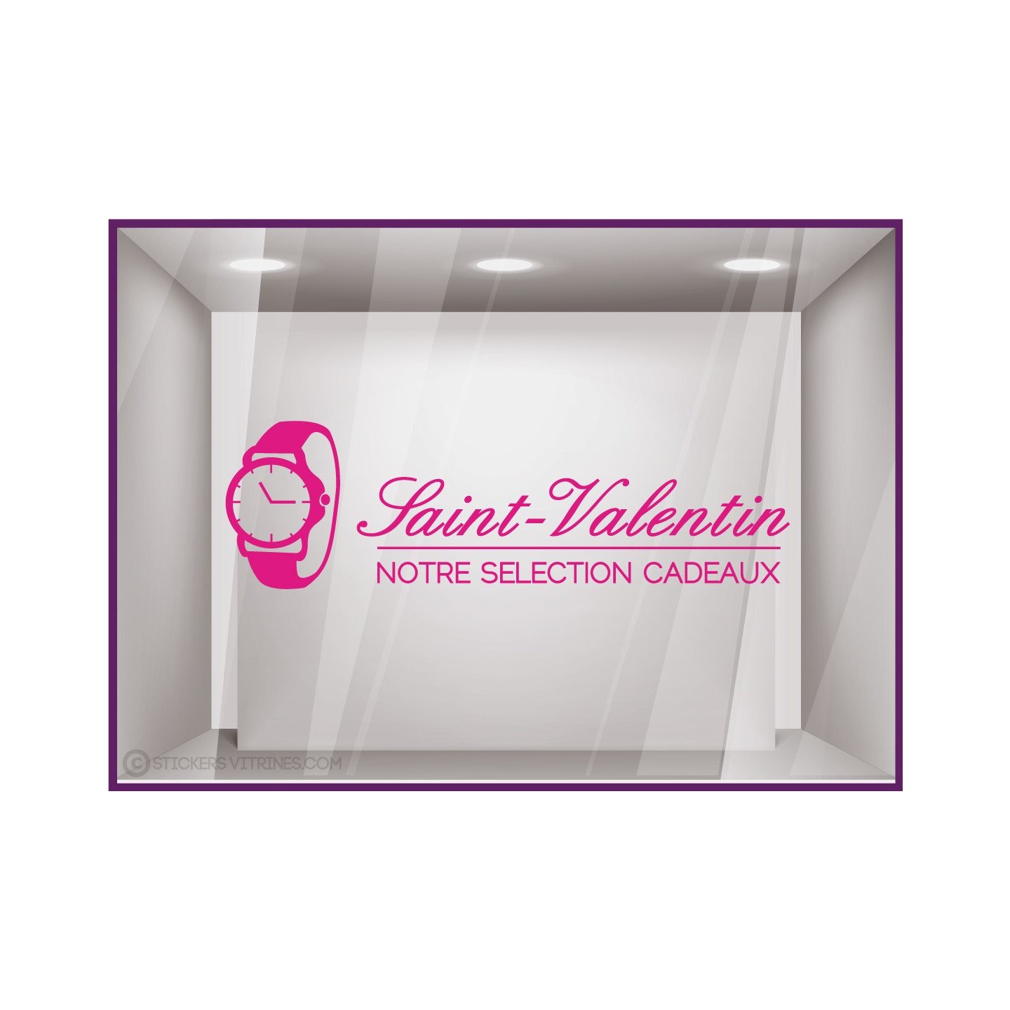 Sticker Montre Saint-Valentin vitrine devanture bijouterie magasin lettrage adhesif calicot vitrophanie vitre horloger