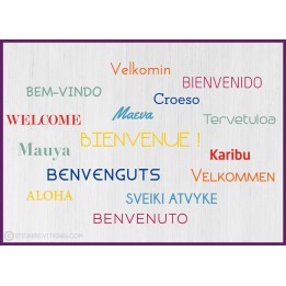 Sticker Nuage de Tags Bienvenue langues accueil motivation bureau mur porte vitrine texte adhésif calicot signalisation interne 
