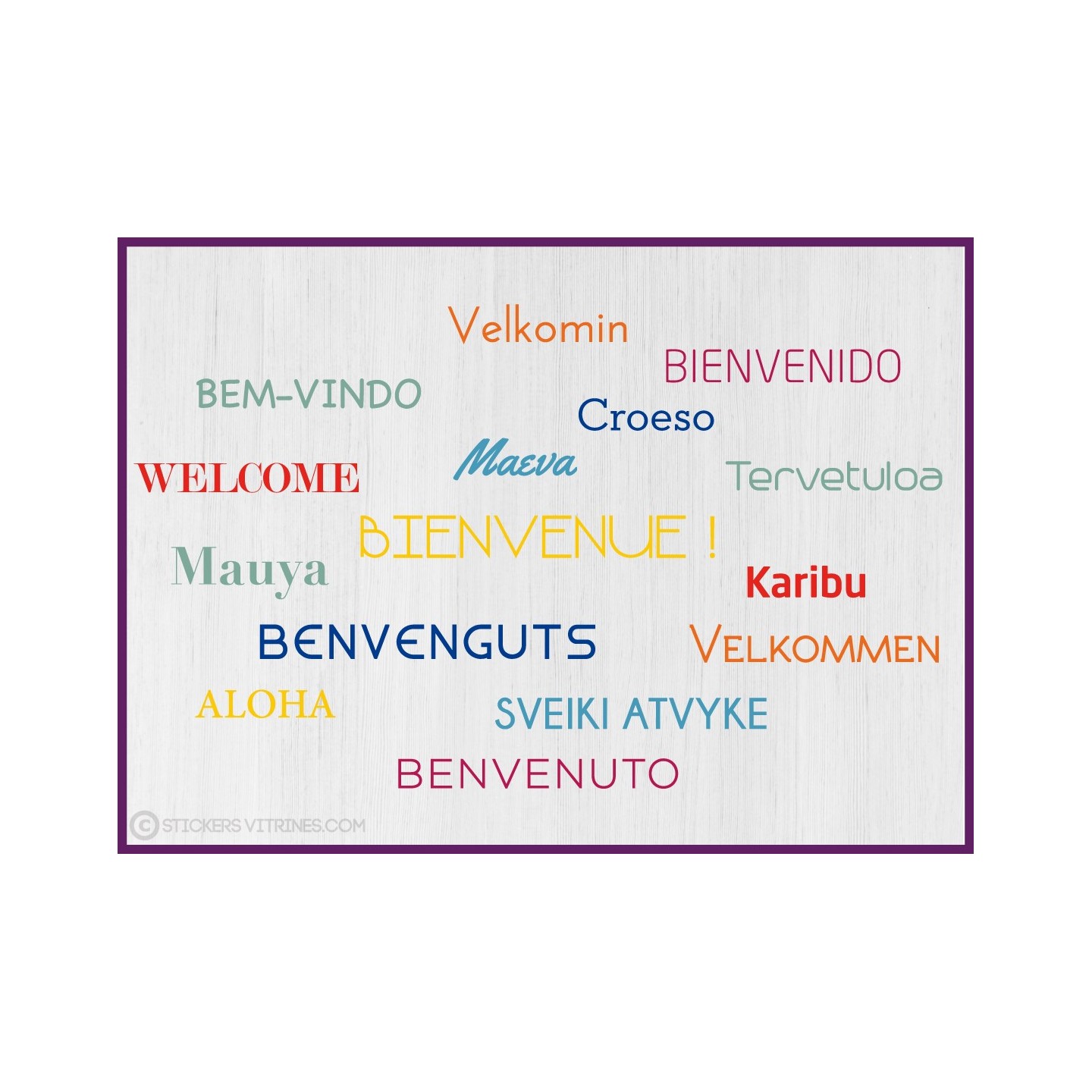 Sticker Nuage de Tags Bienvenue langues accueil motivation bureau mur porte vitrine texte adhésif calicot signalisation interne 