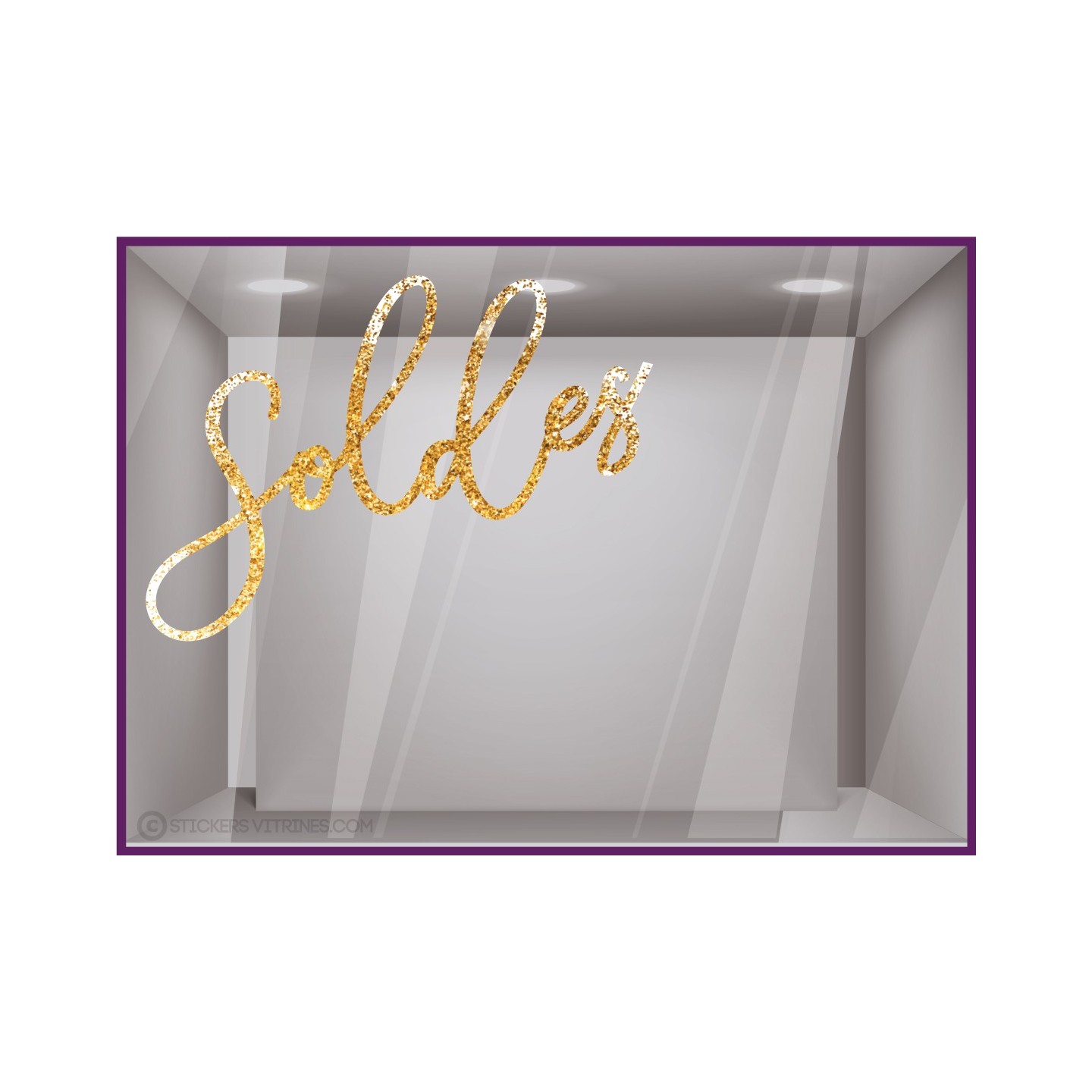 Sticker Soldes Pailleté Or vitrophanie boutique mode calicot lettrage lettre adhesive promotions vitrine decoration pourcentage