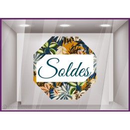 Sticker Soldes Octogone Motif Floral Bleu Vitrophanie Magasin Boutique Pourcentage calicot fabricant paris