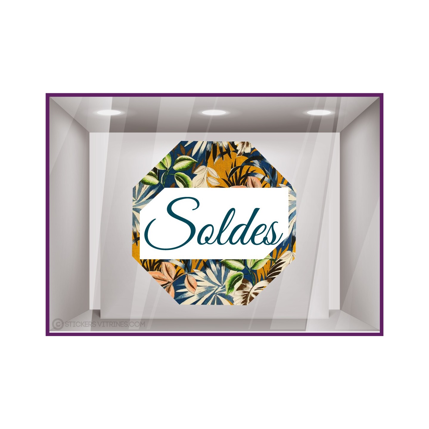 Sticker Soldes Octogone Motif Floral Bleu Vitrophanie Magasin Boutique Pourcentage calicot fabricant paris