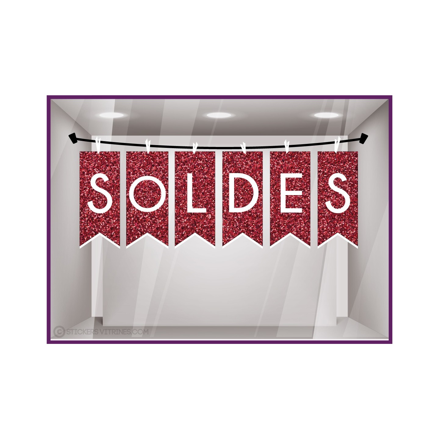 Sticker Soldes Banderoles Pailleté Rouge vitrophanie liquidation destockage promotion vitre enseigne boutique fournisseur