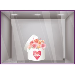 Sticker Boite de Roses St Valentin fete vitrophanie amour coeur devanture enseigne 14 fevrier magasin fleuriste bijouterie saint