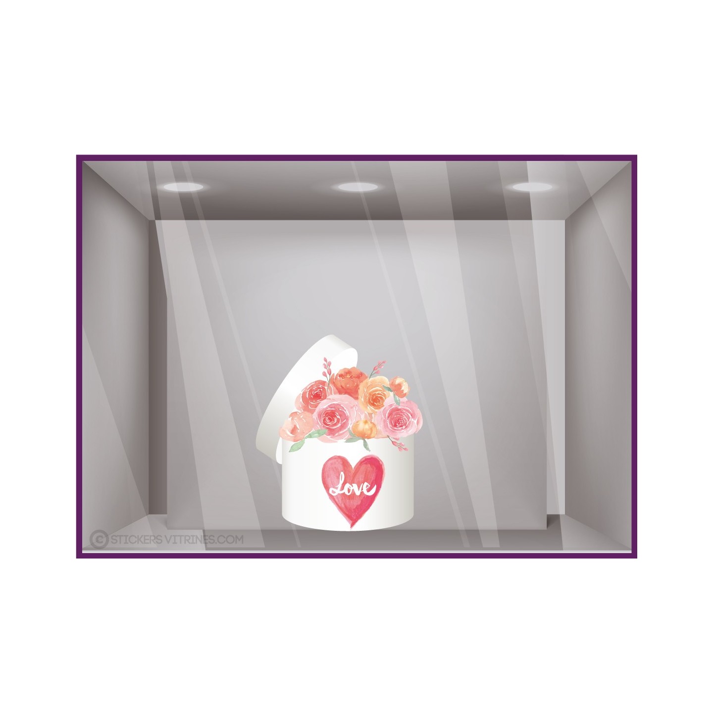 Sticker Boite de Roses St Valentin fete vitrophanie amour coeur devanture enseigne 14 fevrier magasin fleuriste bijouterie saint