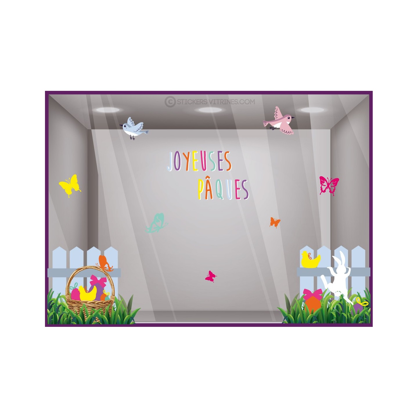 Sticker vitrine calicot vitrophanie autocollant idée déco Pâques  panier barrières chocolats lapin boulangerie patisserie 