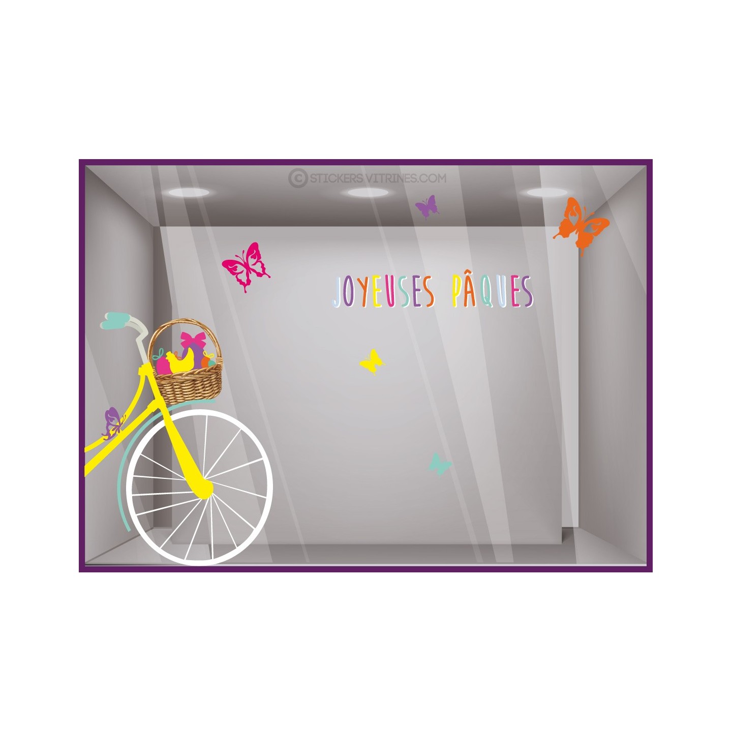 Calicot idée déco vitrine adhésif lettrage magasin Pâques vélo oeufs chocolat boulangerie patisserie fleuriste 