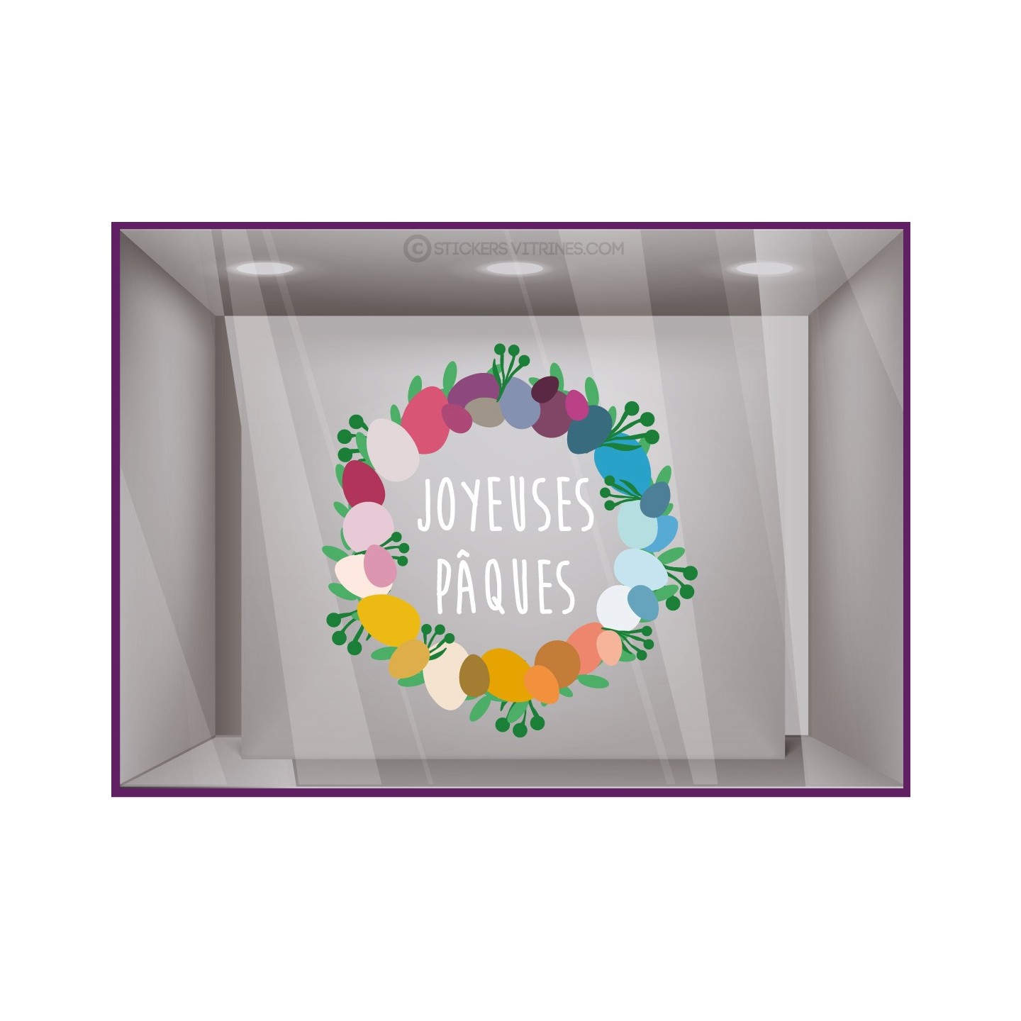Sticker Couronne Joyeuses Paques oeufs adhésif boulangerie patisserie fleuriste chocolaterie déco vitrine boutique calicot