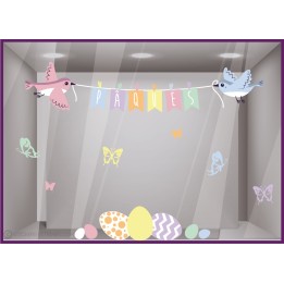 Stickers vitrines vitrophanie autocollant vitrine Guirlande Pâques Oiseaux et Oeufs