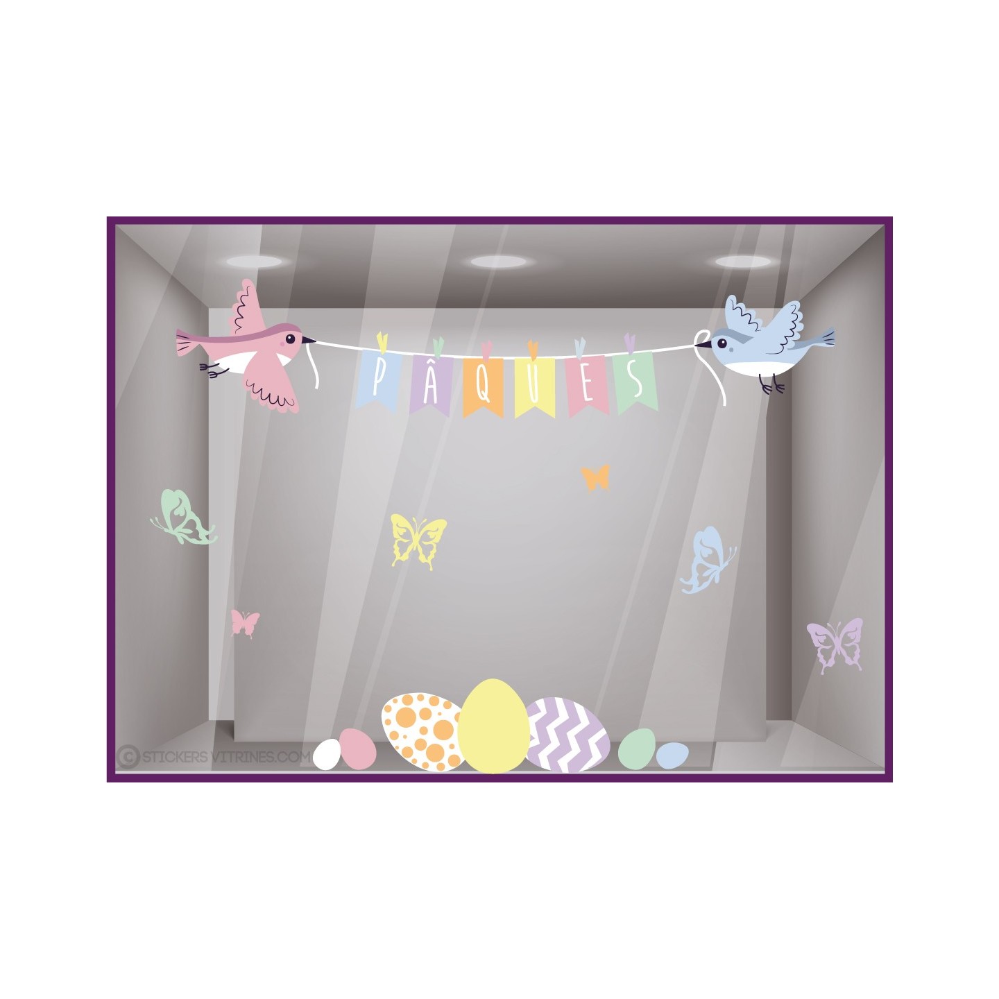 Stickers vitrines vitrophanie autocollant vitrine Guirlande Pâques Oiseaux et Oeufs