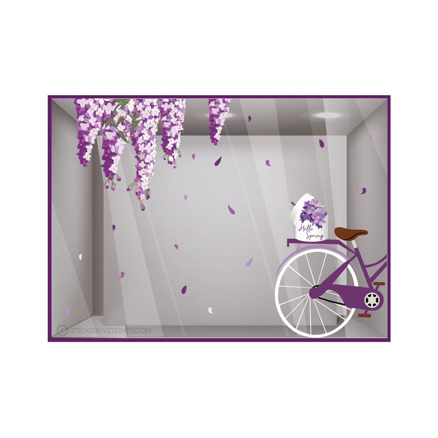 Kit de stickers velo glycines Printemps Fleuriste lettrage Adhésif hello spring autocollant vitrophanie mode parfumerie calicot