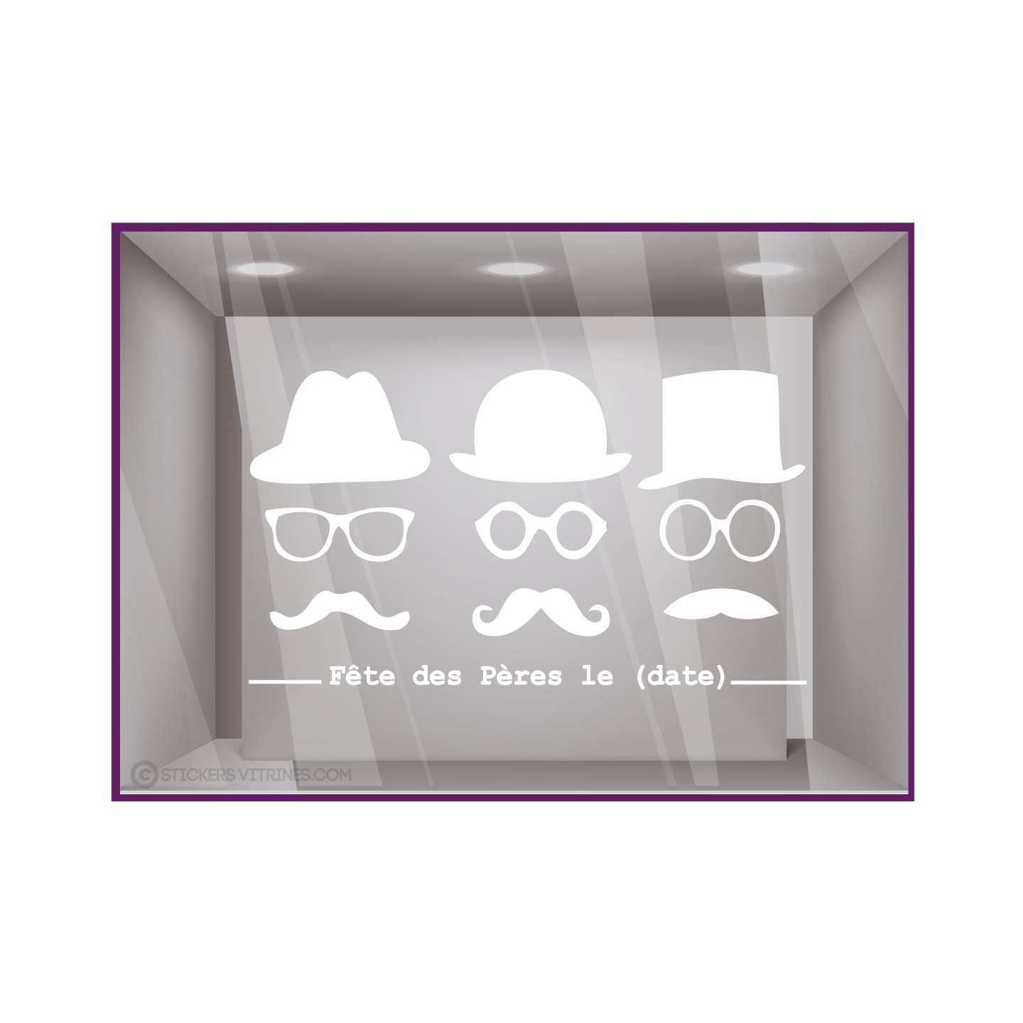 Sticker Fête des Pères papas mode chapeau lunette opticien parfumerie accessoire lettrage adhesif calicot devanture commerce