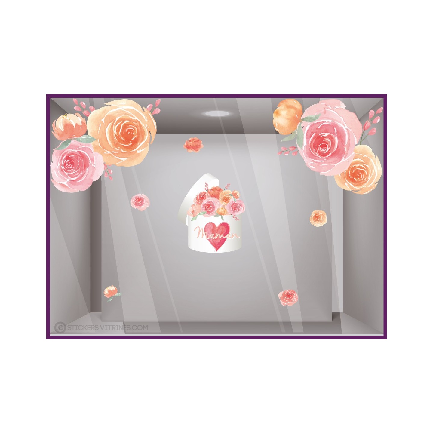 Kit de stickers boîte de roses maman fête des mères fleuriste mode lettrage adhésif calicot vitrophanie printemps vitrine 