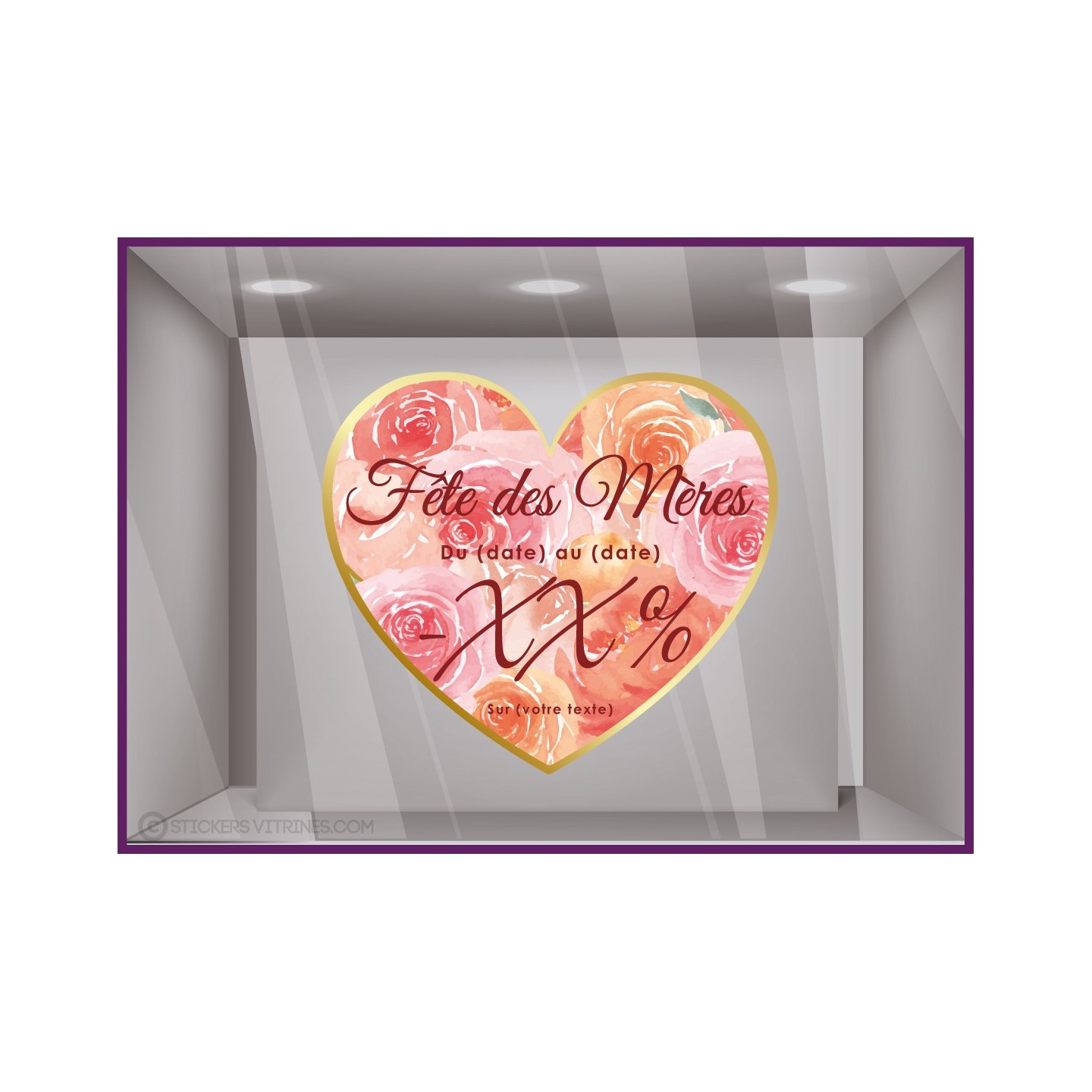 Sticker Promotion Coeur de Roses fete des meres A Personnaliser Vitrophanie Boutique Calicot Promotions fleuriste bijouterie