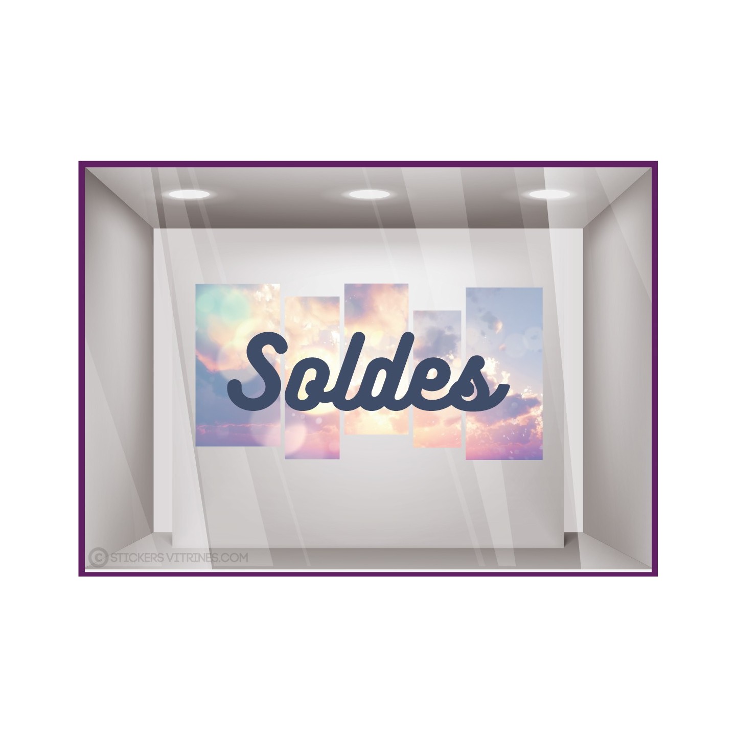 Sticker Soldes Coucher de Soleil mode maroquinerie vitrophanie ete promotion destockage liquidation commerce pourcentage