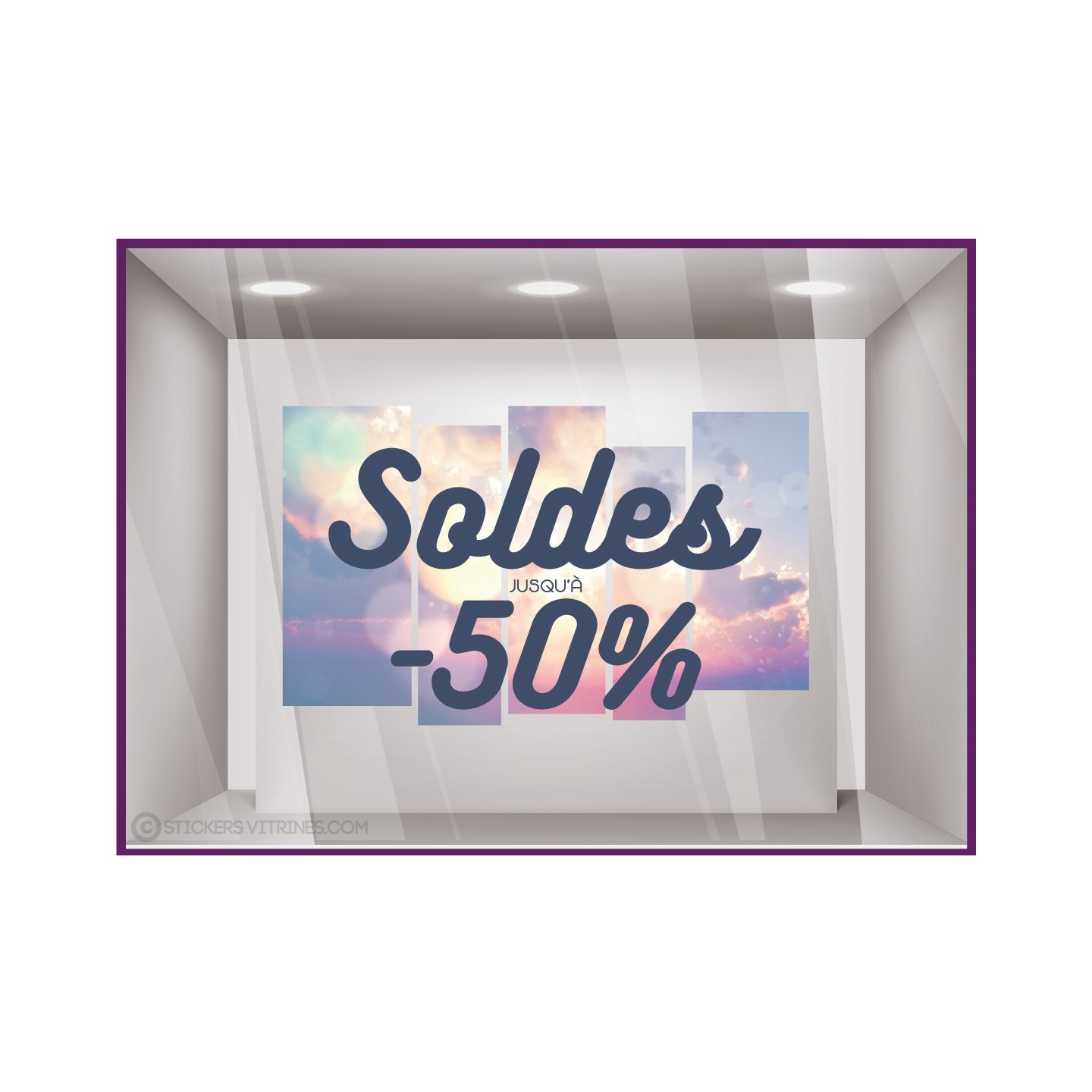 Sticker Soldes Coucher de Soleil mode maroquinerie vitrophanie ete promotion destockage liquidation commerce pourcentage