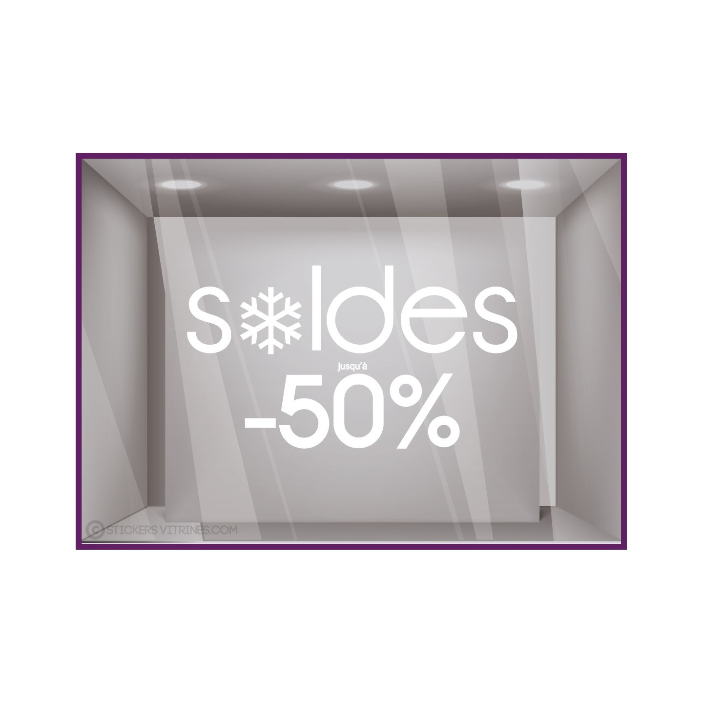 Sticker Soldes Flocons Jusqu'`a -50% braderie destockage liquidation mode maroquinerie hiver opticien commerce vitrophanie