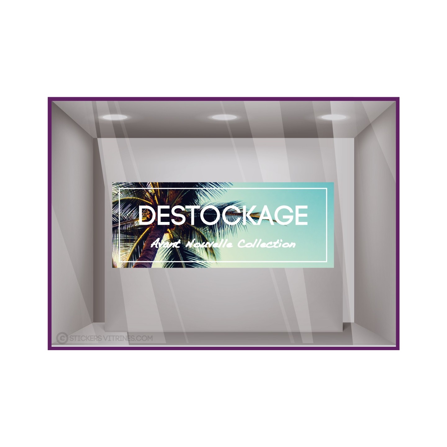 Sticker Bandeau Destockage Palmier braderie liquidation vitrophanie mode maroquinerie devanture vitrine lettrage autocollant 