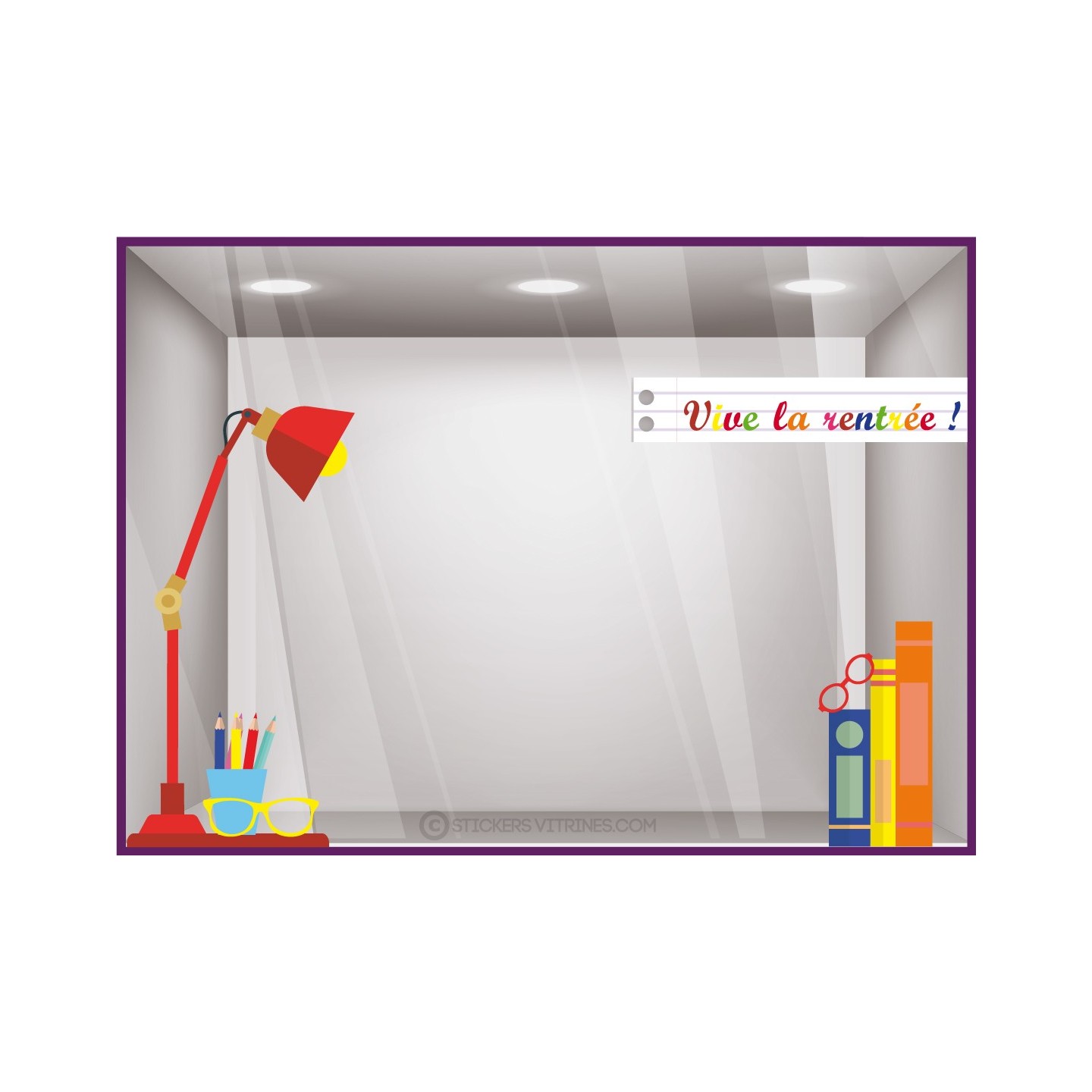 Kit de stickers Vive la Rentrée lampe commerce vitrophanie calicot vitrine boutique adhesif autocollant papeterie opticien