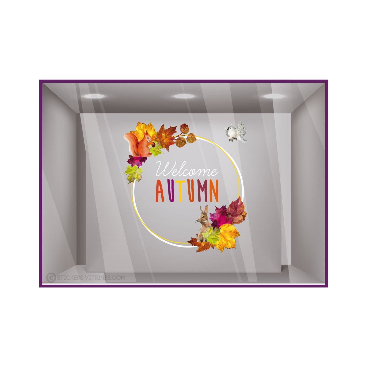 Sticker couronne animaux d'automne vitres boutique adhesif decoration ecureuil lapin lettrage mode 