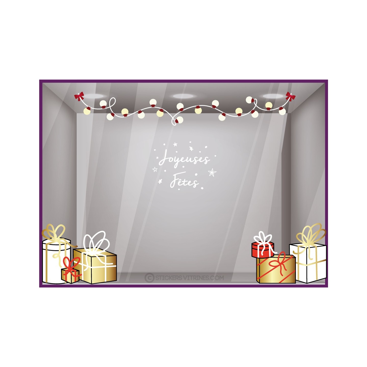 KIT DE STICKERS GUIRLANDE DE NOEL ET 6 CADEAUX CALICOTS LETTRAGE ADHESIF DECORATION VITRINE MAGASIN MODE