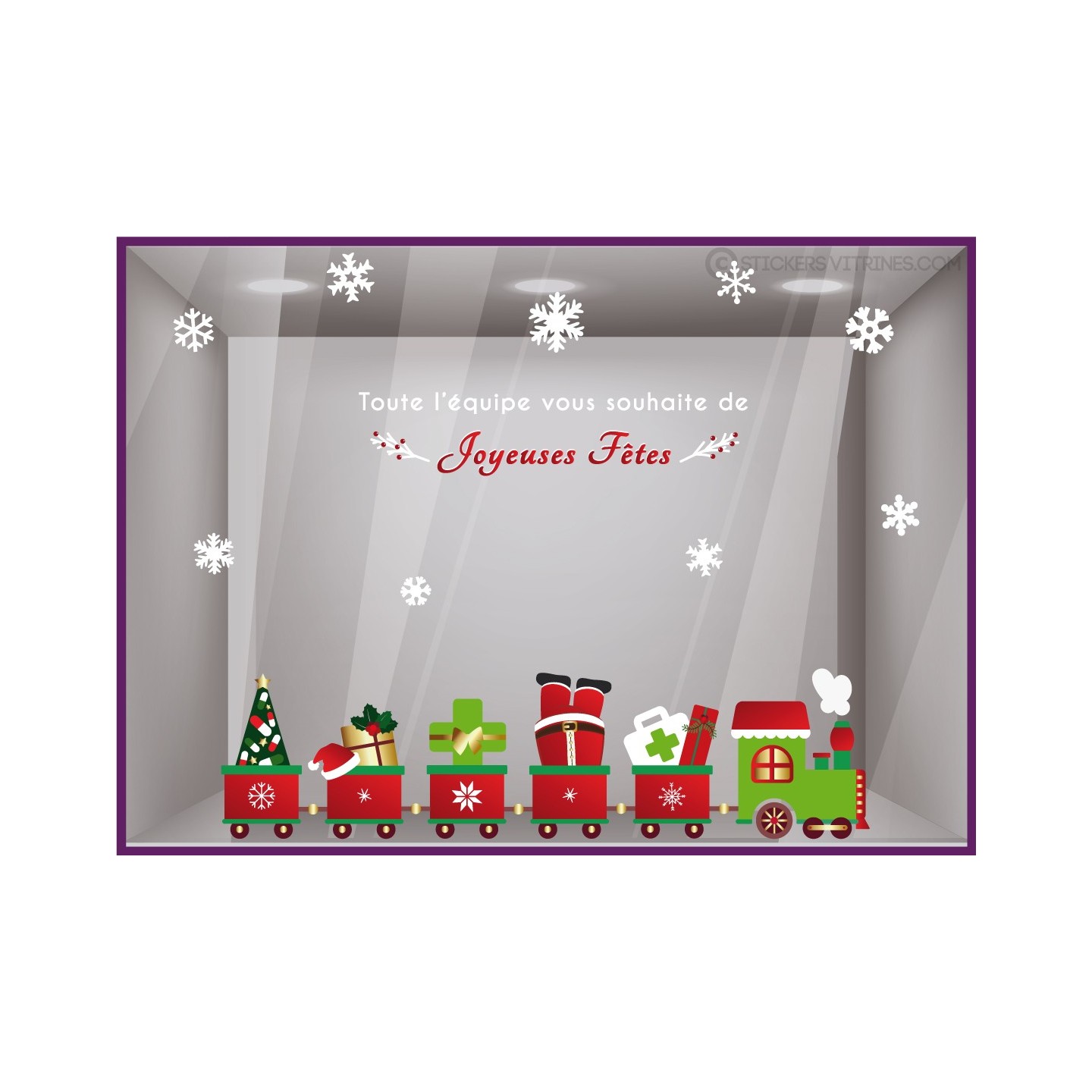 KIT DE STICKER PETIT TRAIN DE NOEL PHARMACIE MAGASIN BOUTIQUE DECORATION DEVANTURE VITRINE CALICOT