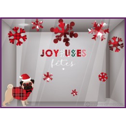 KIT DE STICKERS BOULEDOGUE NOEL IDEE DECORATION TENDANCE FLOCONS VITRINE MAGASIN CALICOT JOYEUSES FETES MODE